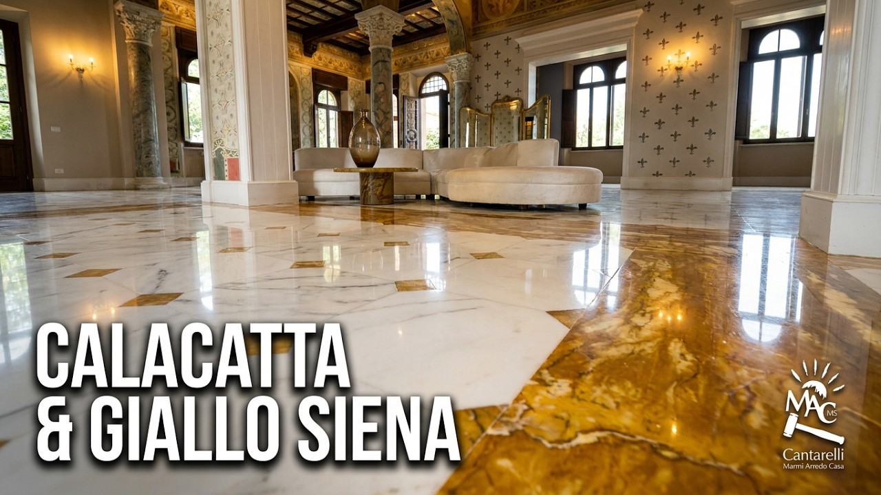 Pavimenti in Calacatta e Giallo Siena nella Villa Alpebella